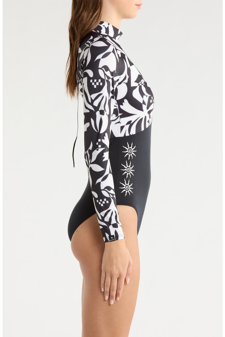 Topanga Geometric Print Embroidered Long Sleeve One-Piece Rashguard Swimsuit, Alternate, color, BLACK