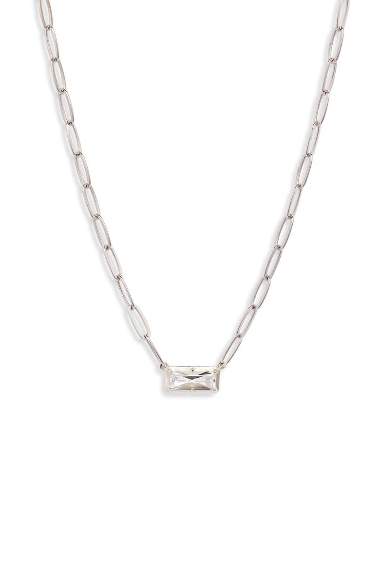 Dew Drop White Topaz Baguette Pendant Necklace, Main, color, SILVER/ WHITE