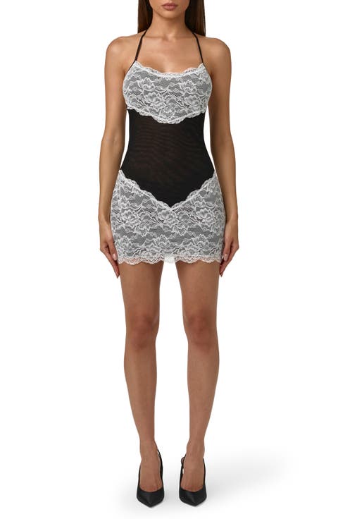 Lace & Mesh Halter Minidress