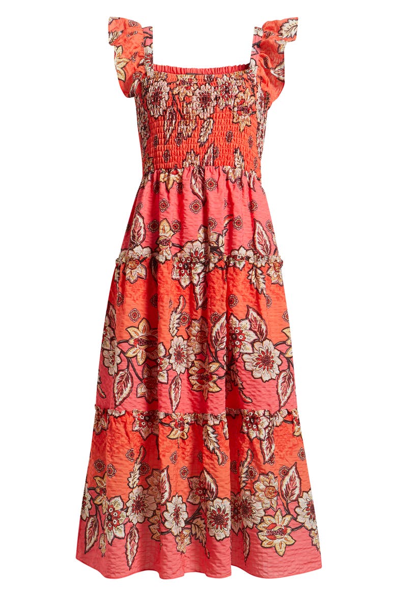 Floral Print Smock Midi Dress, Alternate, color, PINK MULTI