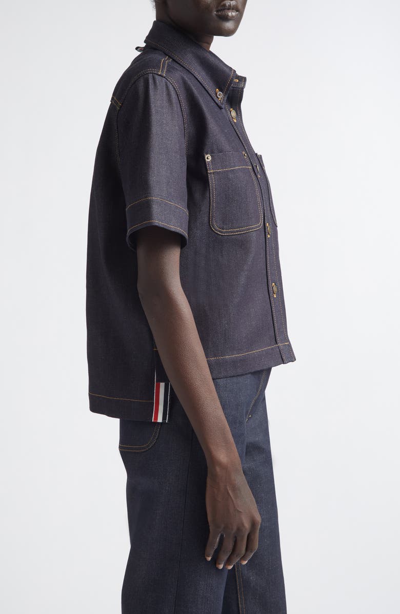 Thom Browne Short Sleeve Denim Button-Down Shirt, Alternate, color, Navy