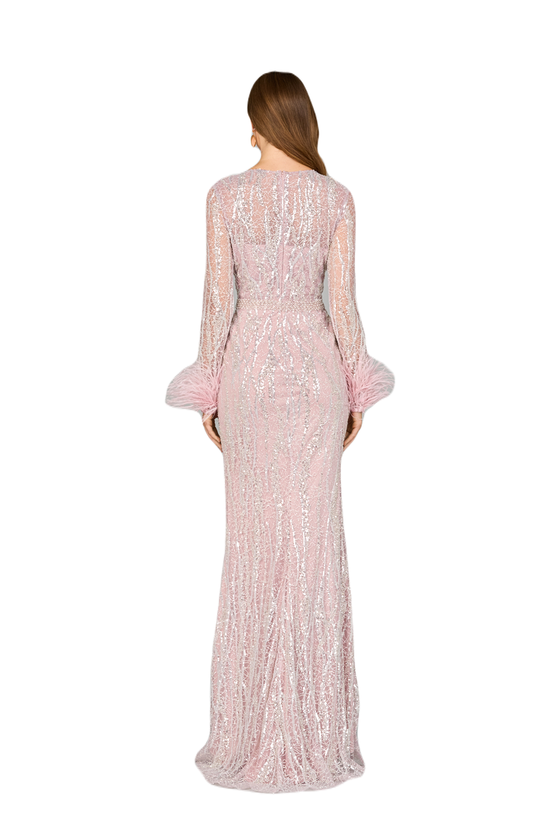 LARA New York Long Sleeve Sheath Gown with Feathers, Alternate, color, Purplemist