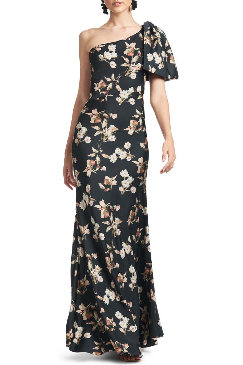 Aubrey One-Shoulder Floral Satin Charmeuse Body-Con Gown, Main, color, BLACK VENETIA PETAL