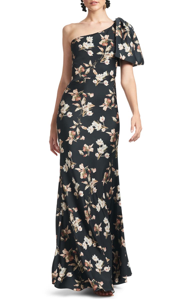 Sachin & Babi Aubrey One-Shoulder Floral Satin Charmeuse Body-Con Gown, Main, color,