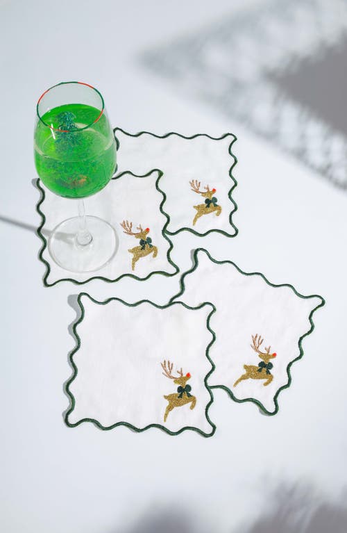 Tiramisu Set Of 4 Embroidered Prancing Reindeer Linen Cocktail Napkins In Multi