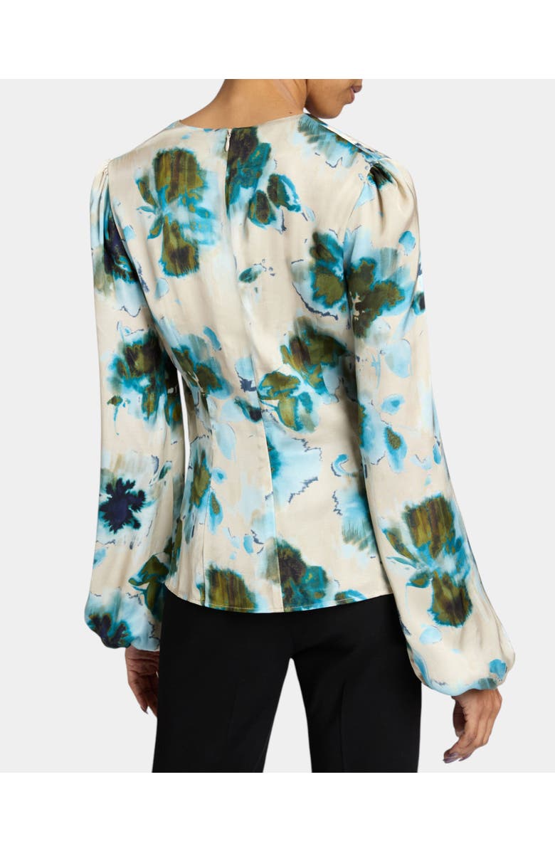 Santorelli RUBY Long Sleeve Blouse with Cinched Waist in Abstract Floral Print, Alternate, color, Aquamarine Multi