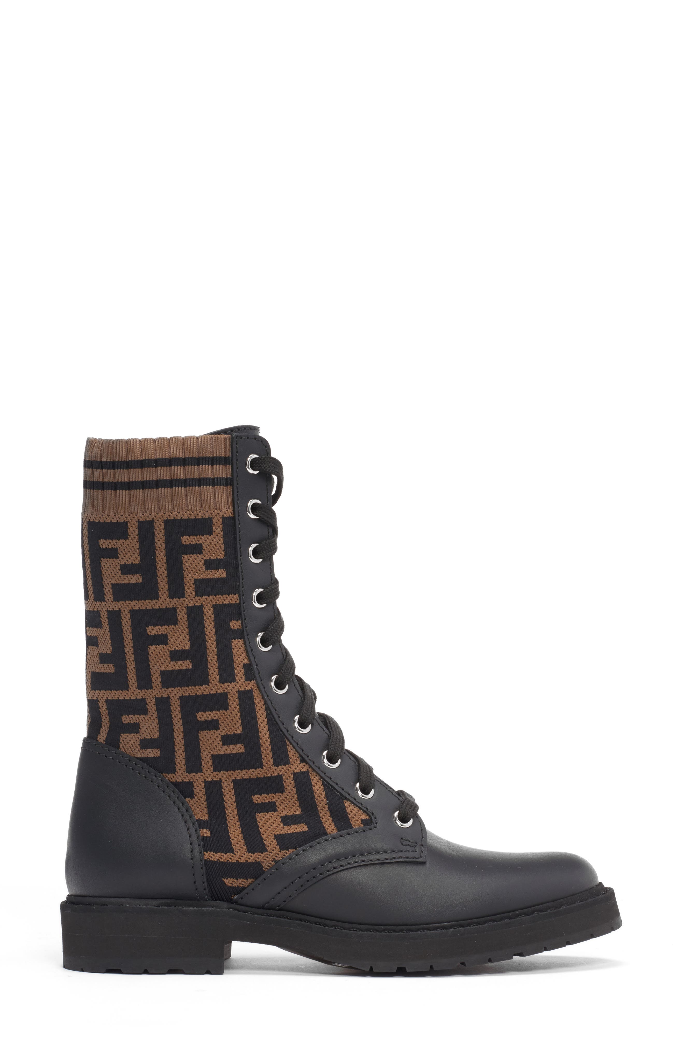 Fendi Rockoko Logo Sock Lace-Up Combat Boot, Alternate, color, 
