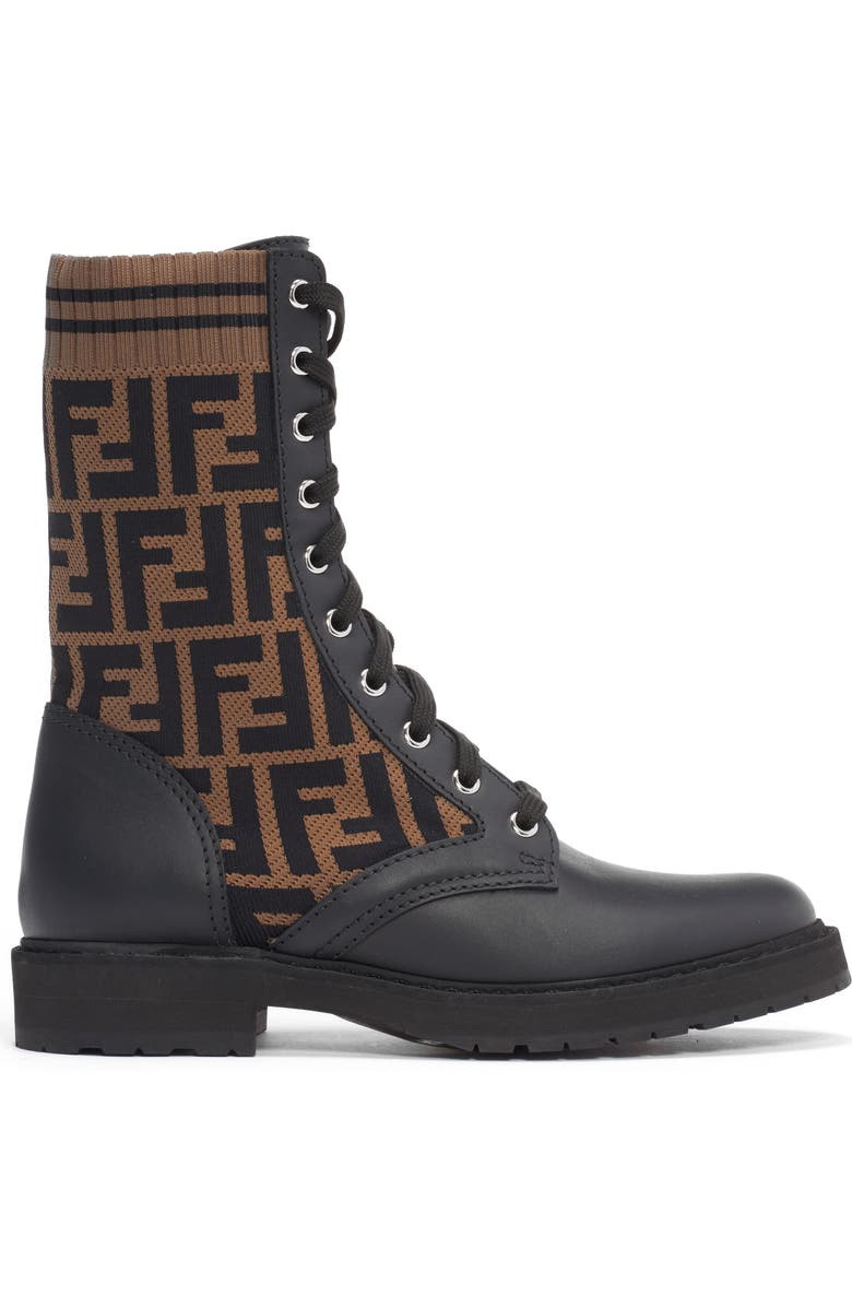 Fendi Rockoko Logo Sock Lace-Up Combat Boot, Alternate, color,