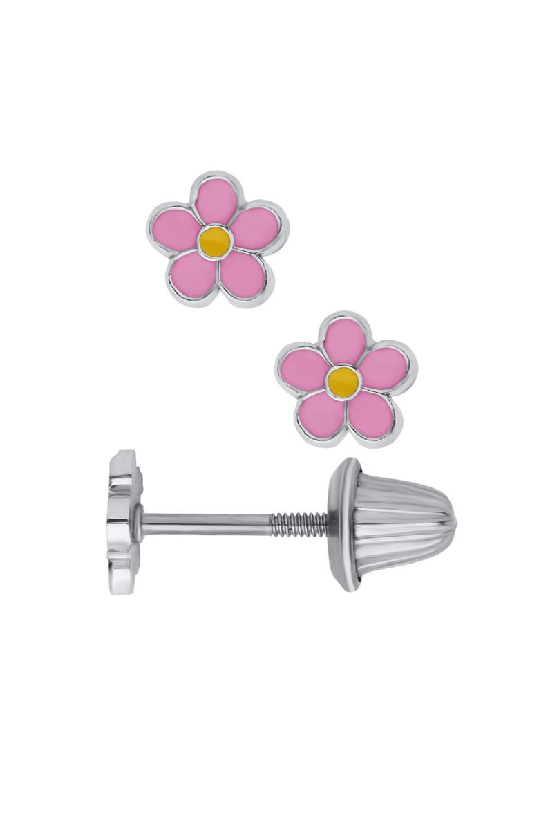 Mia Belle Girls Pink Daisy Flower Silver Stud Earrings, Main, color, Silver