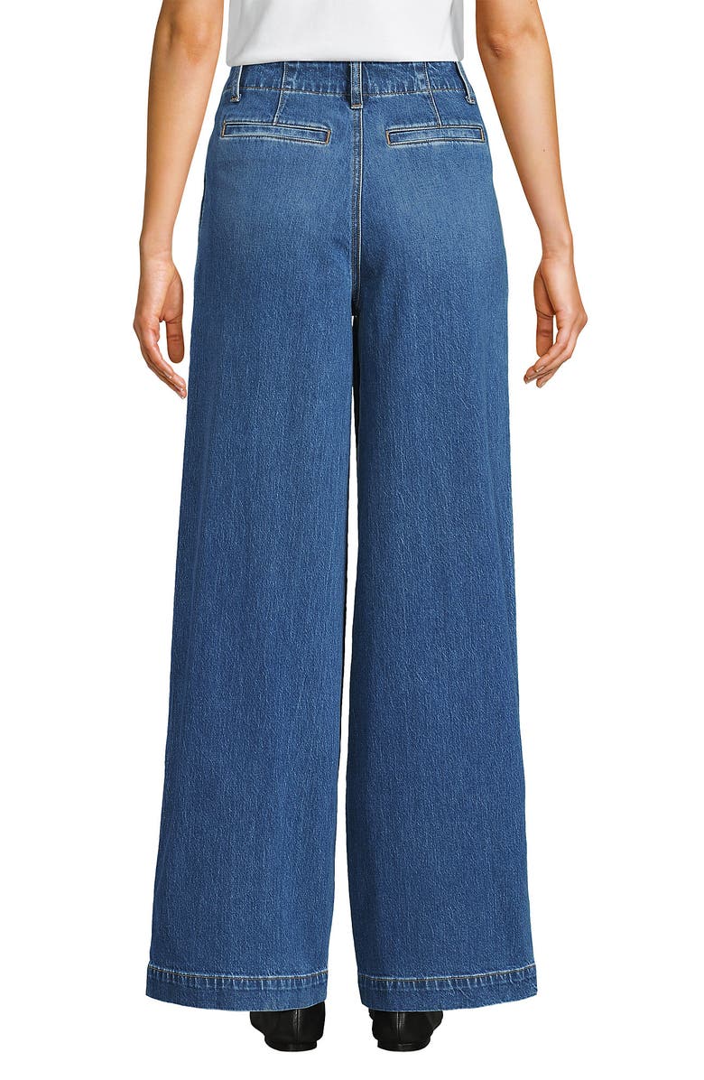 Lands' End Petite Soft Denim High Rise Wide Leg Top Stitch Trousers, Alternate, color, Indigo Tide Blue