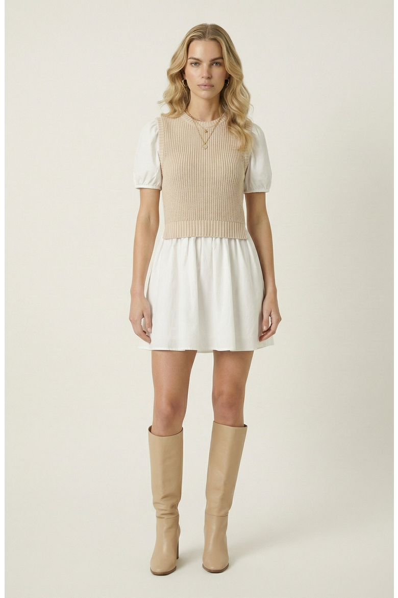 Ribbed Sleeveless Sweater Dress with Puff Sleeves, Main, color, White