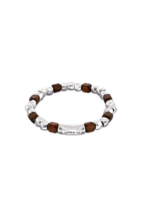 Elastic Bracelet with Beads Plated in Sterling Silver and Wooden Beads