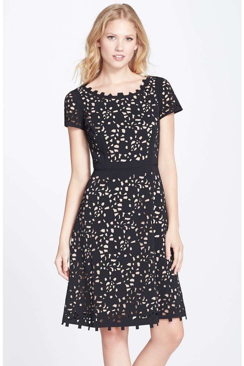 Laser Cut Crepe Fit & Flare Dress, Main, color, BLACK/ NUDE
