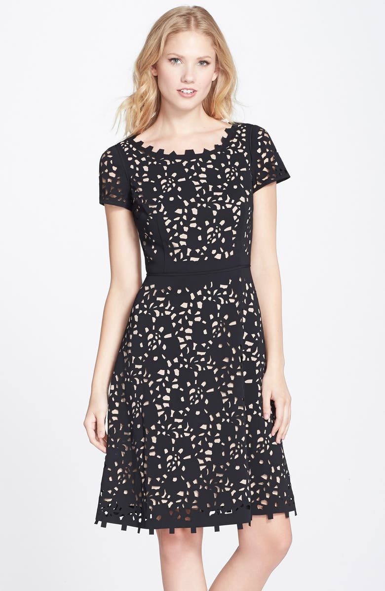 Nue by Shani Laser Cut Crepe Fit & Flare Dress, Main, color,