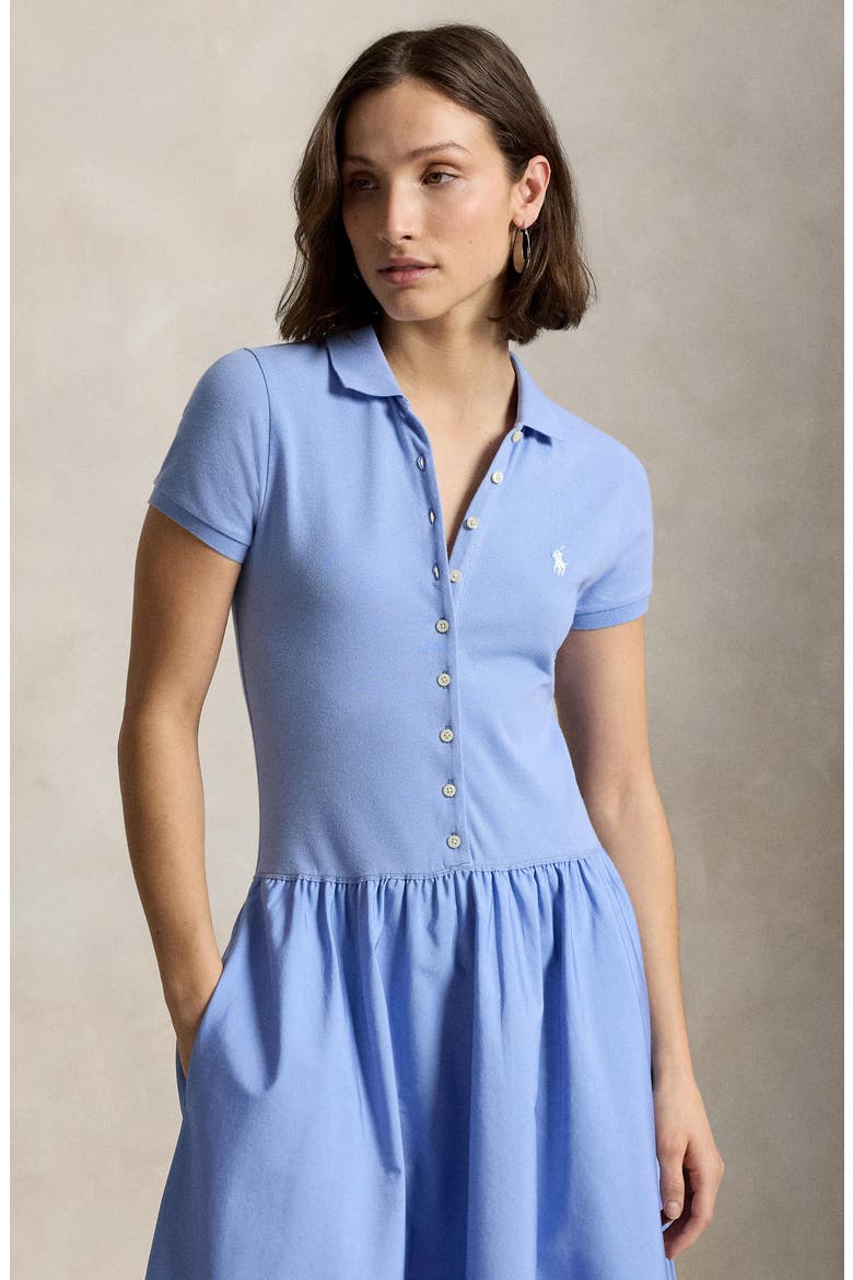 Polo Bodice Mixed Media Midi Dress, Alternate, color, DRESS SHIRT BLUE