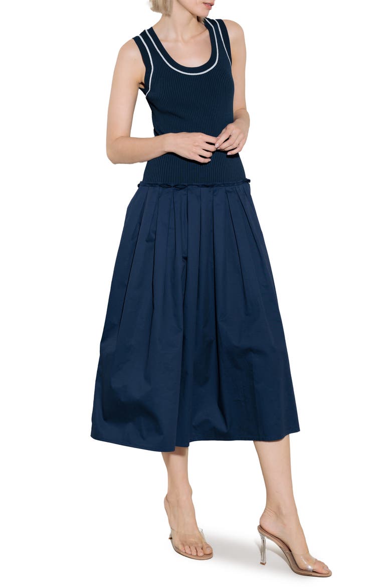 Mixed Media A-Line Dress, Alternate, color, NAVY/ WHITE