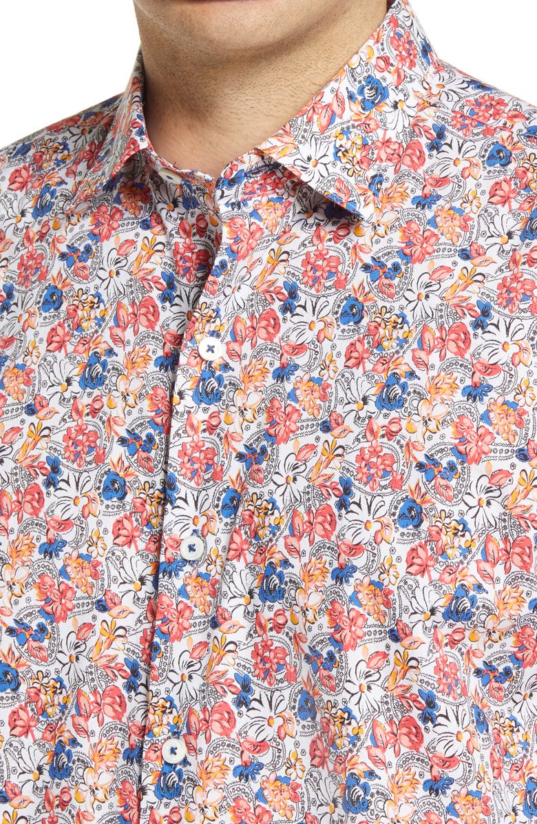 Bugatchi Shaped Fit Print Short Sleeve Button-Up Shirt, Alternate, color, 