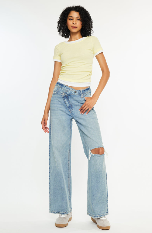 Kancan Cynn Low-slung Crossover Wide Leg Jeans In Blue