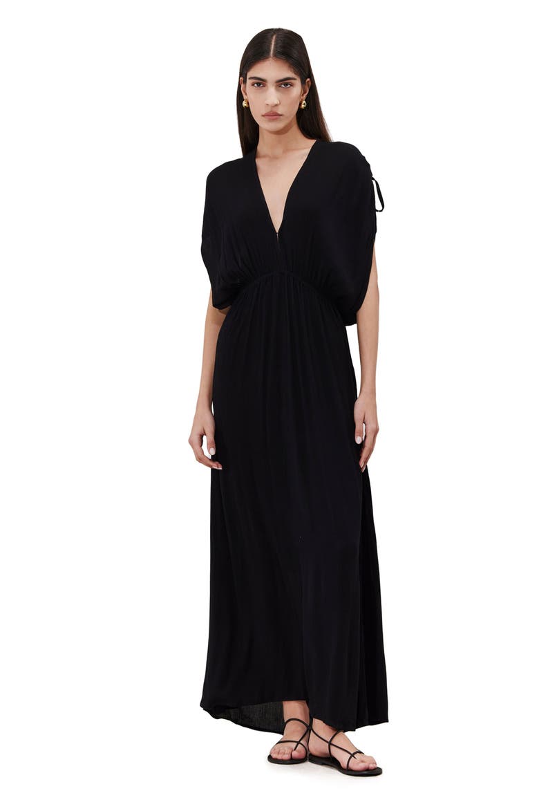 Solena Crêpe V Neck Open Back Midi Dress Cover-Up, Main, color, Black