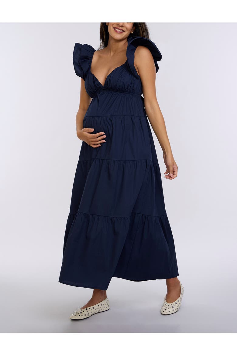 Ruffle Sleeve Tie-Back Maternity Maxi Dress, Alternate, color, Navy Blazer