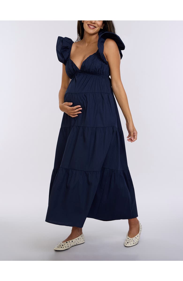 MOTHERHOOD MATERNITY Ruffle Sleeve Tie-Back Maternity Maxi Dress, Alternate, color, Navy Blazer