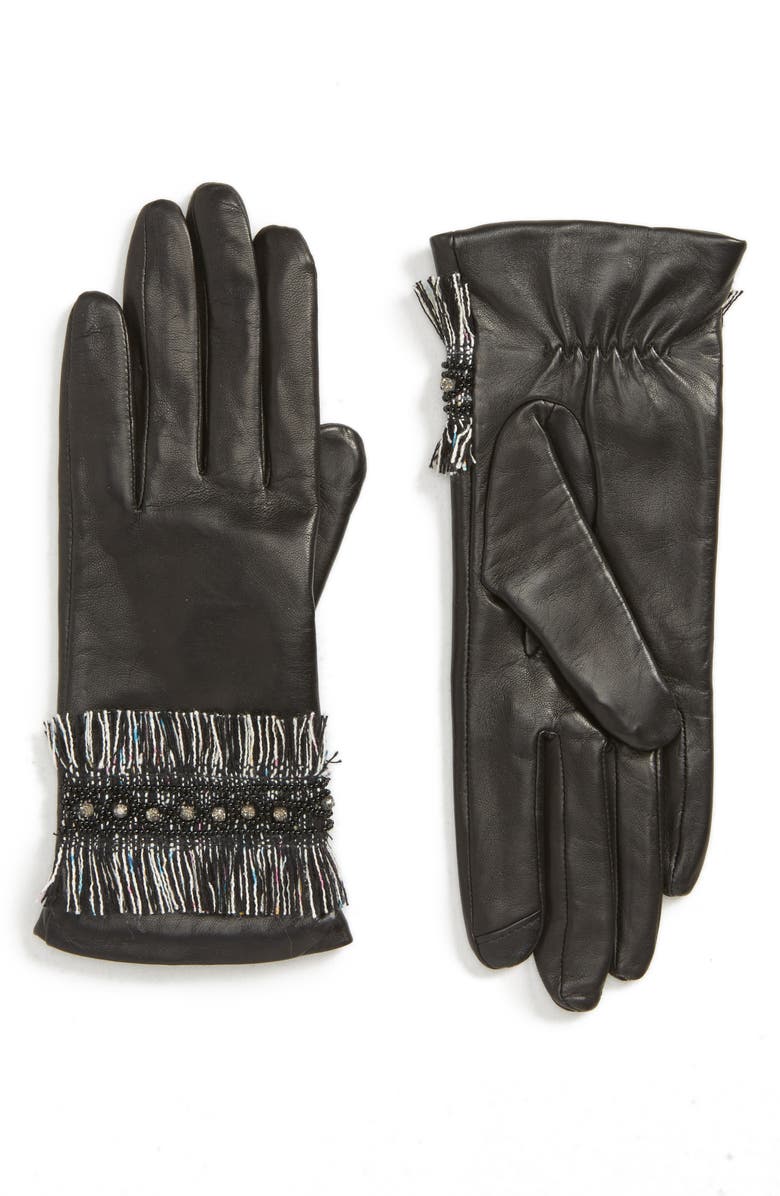 Badgley Mischka Collection Badgley Mischka Fringe Cuff Leather Touchscreen Gloves, Main, color, 
