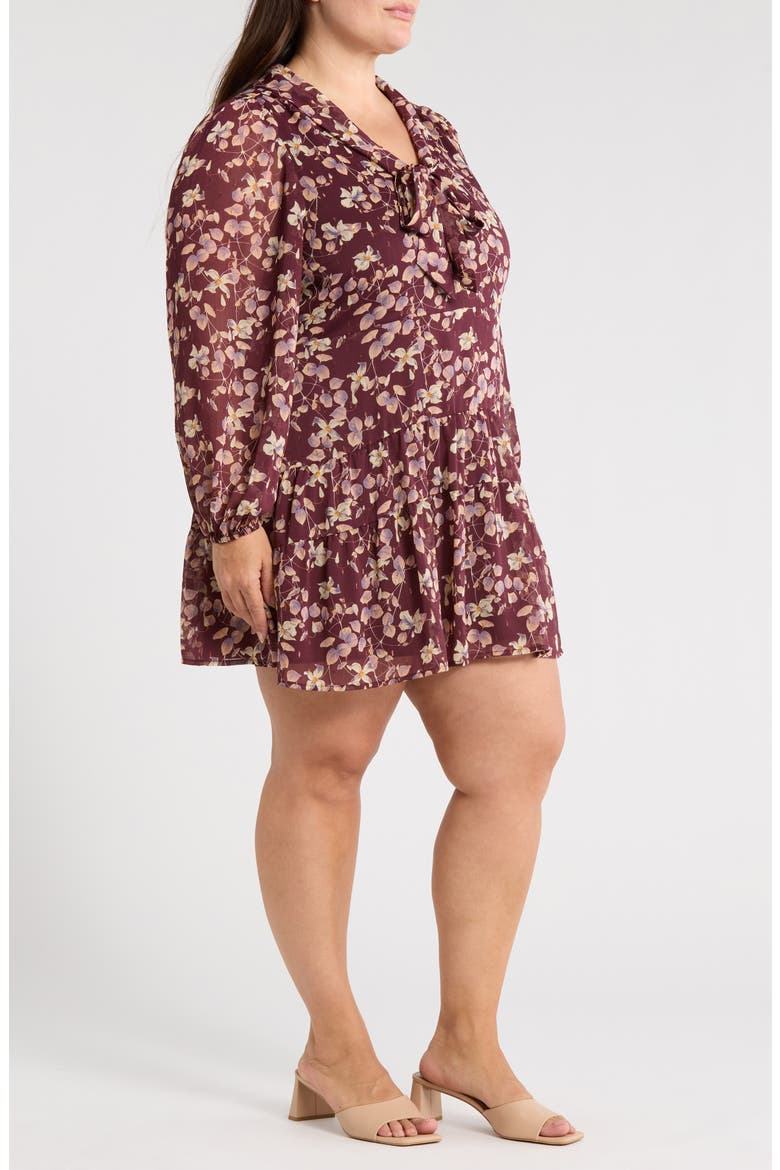 Tie Neck Tiered Minidress, Alternate, color, BURGUNDY- PINK MAPLE FLORAL