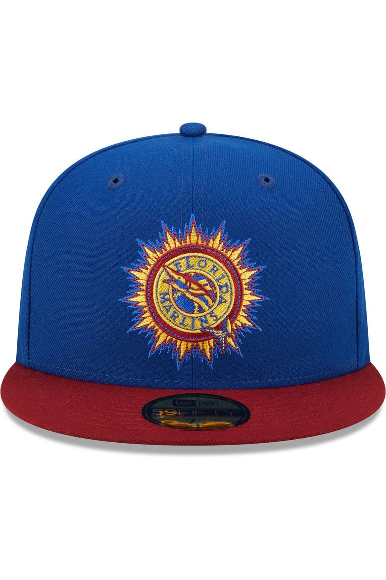 Men's New Era Royal/Red Florida Marlins Alternate Throwback Logo Primary Jewel Gold Undervisor 59FIFTY Fitted Hat, Alternate, color, Royal