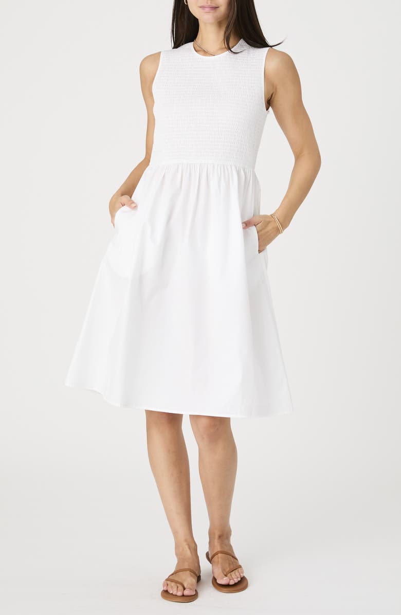French Connection Smocked Sleeveless A-Line Dress, Main, color, Summer White