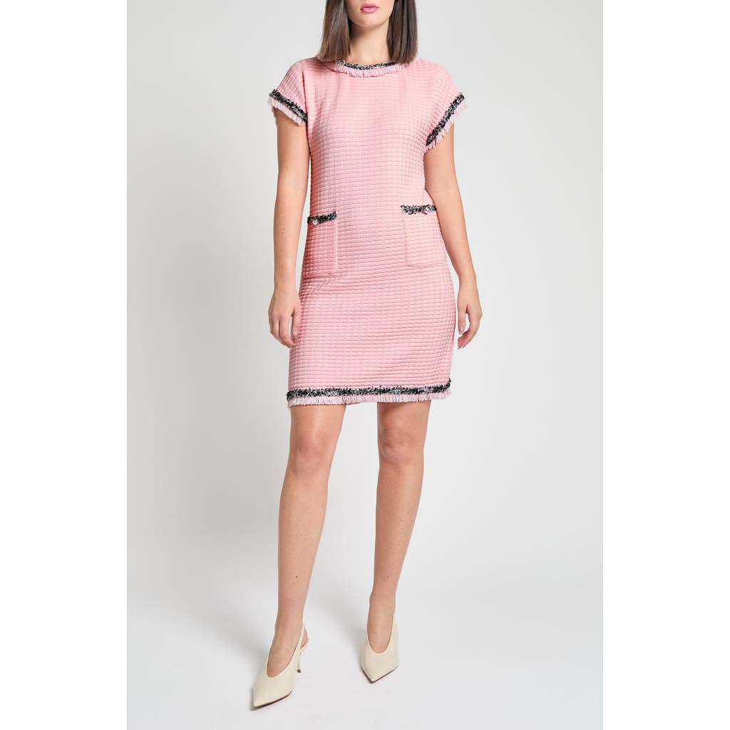 Ming Wang Modern Fit Fringe Trim Tweed Dress In Rose/white