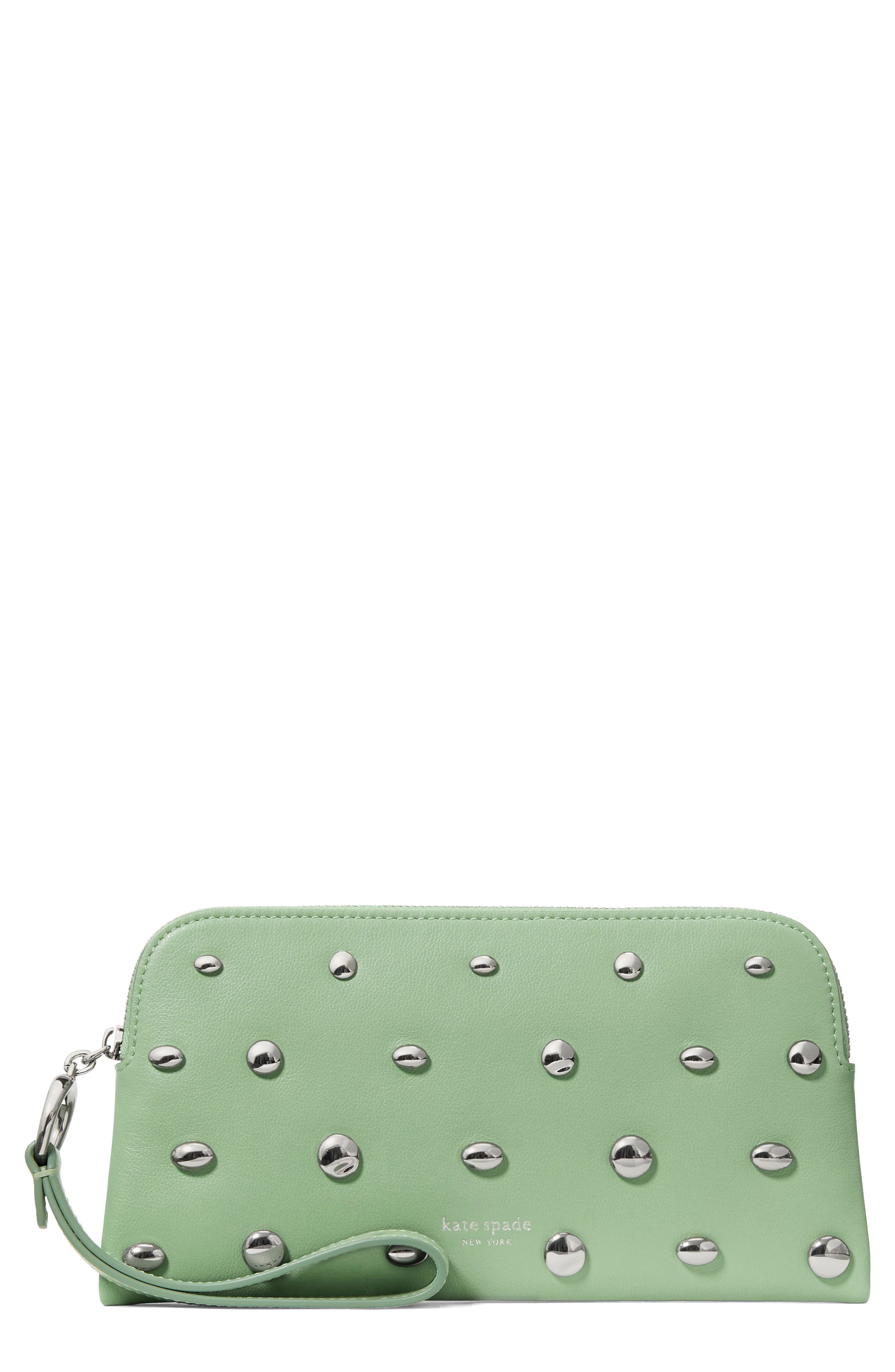 Kate Spade New York halo studded fine grain leather wristlet, Main, color, Crisp Sage