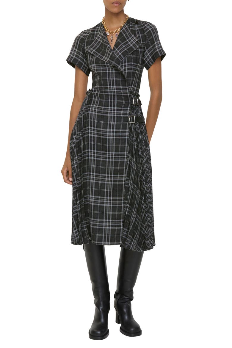 Meryl Check Midi Wrap Dress, Main, color, ONYX GREY/ LIGHT GREY CHECK