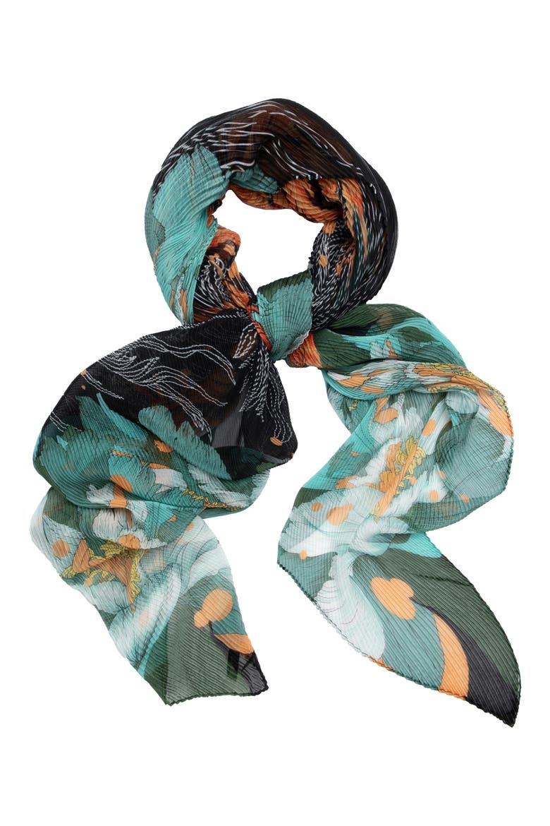 Pleated Floral Blossom Print Scarf, Main, color, TURQUOISE