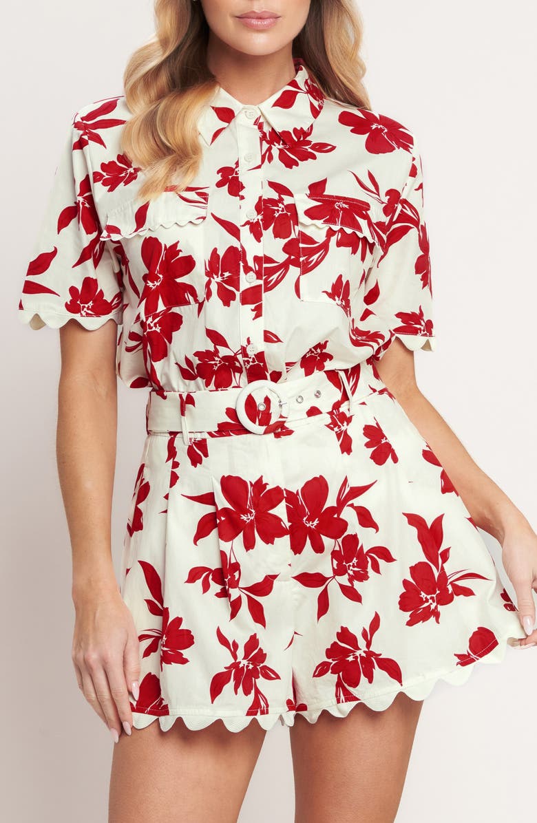 FLYING TOMATO Floral Short Sleeve Button-Up Shirt, Alternate, color, Off White/ Red