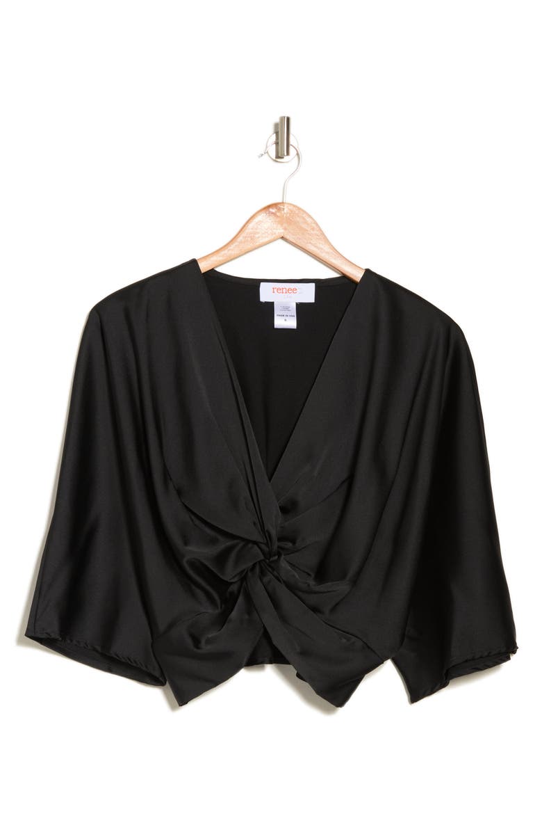 Renee C Plunge Neck Long Sleeve Twisted Knot Satin Top, Alternate, color, Black