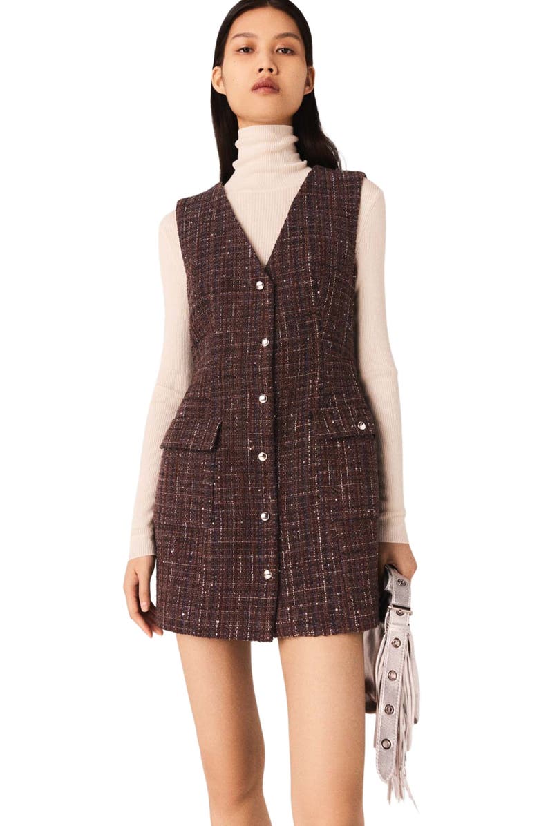 maje Mini tweed dress, Alternate, color, Brown