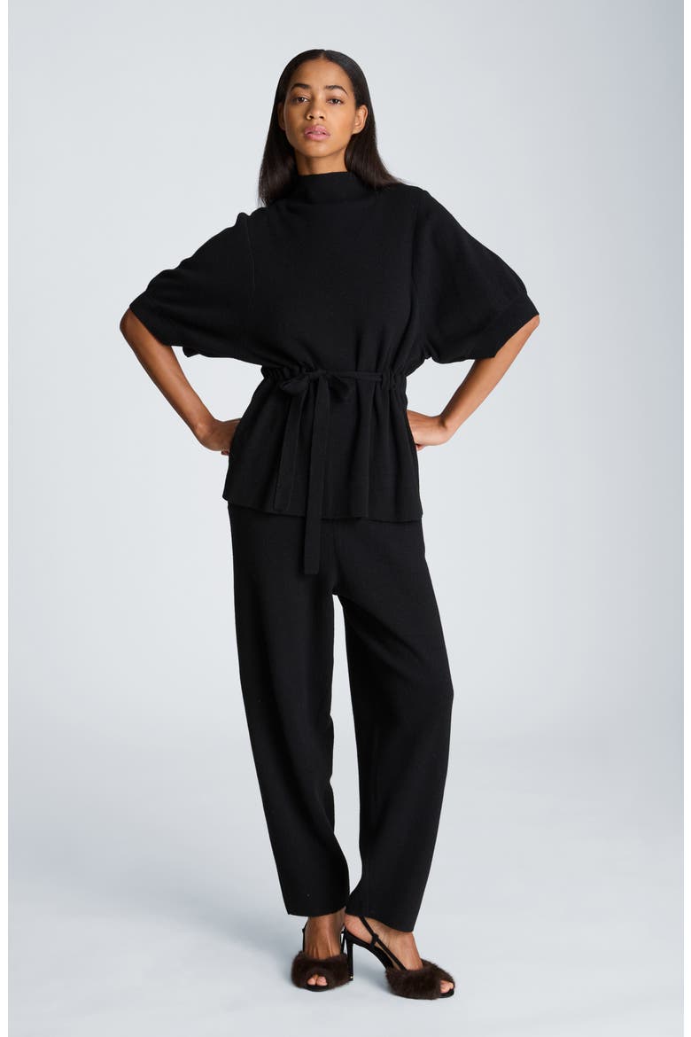 Belted Mock Neck Short Sleeve Sweater, Alternate, color, BLACK