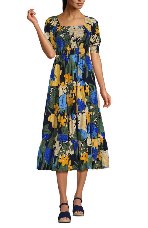 LANDS' END LANDS' END SMOCKED COTTON DOBBY MIDI PUFF SLEEVE DRESS