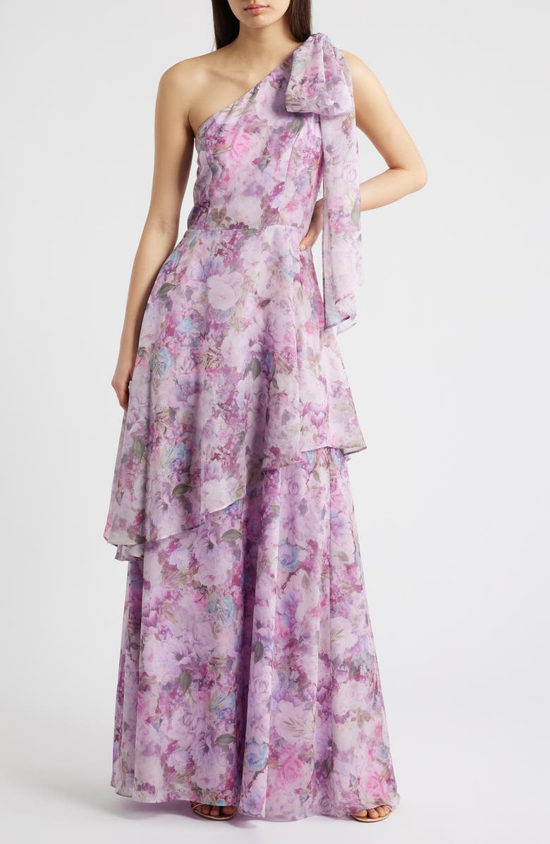 Lulus Amara Floral One-Shoulder Gown, Main, color, Lavender Floral