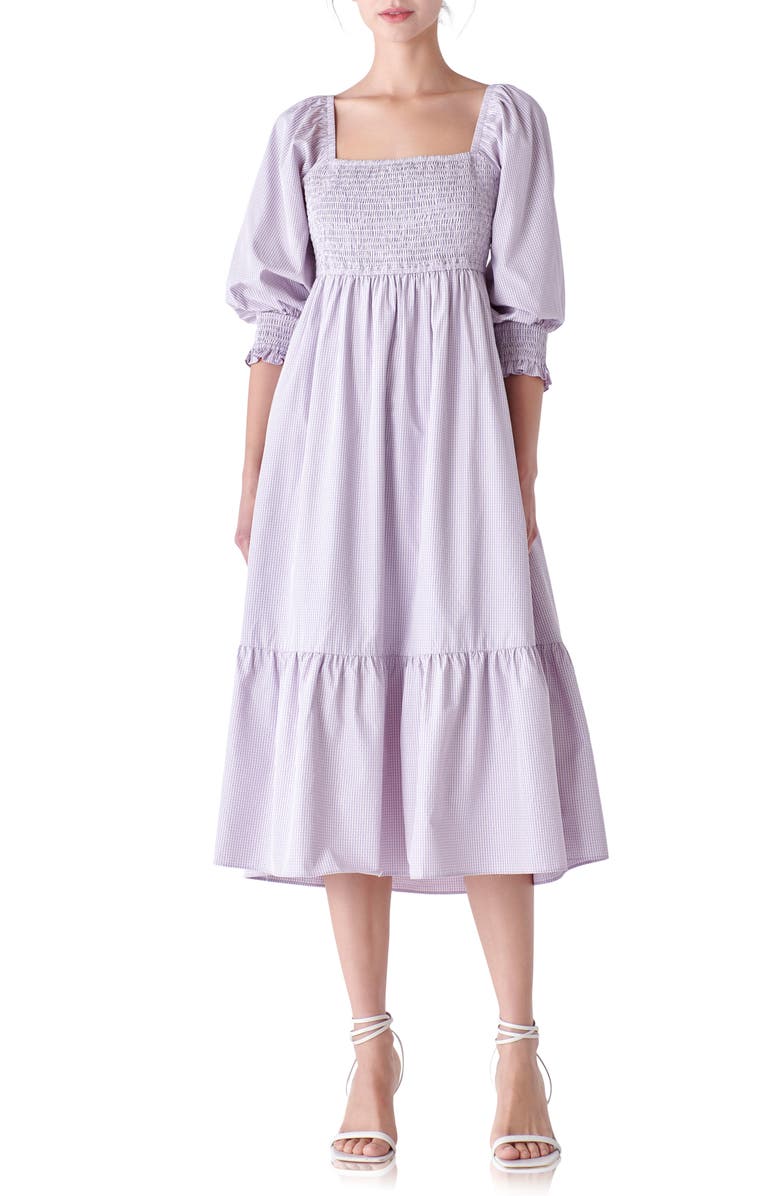 English Factory Gingham Smocked Puff Sleeve Midi Dress, Main, color,