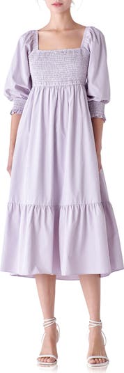 English Factory Gingham Smocked Puff Sleeve Midi Dress