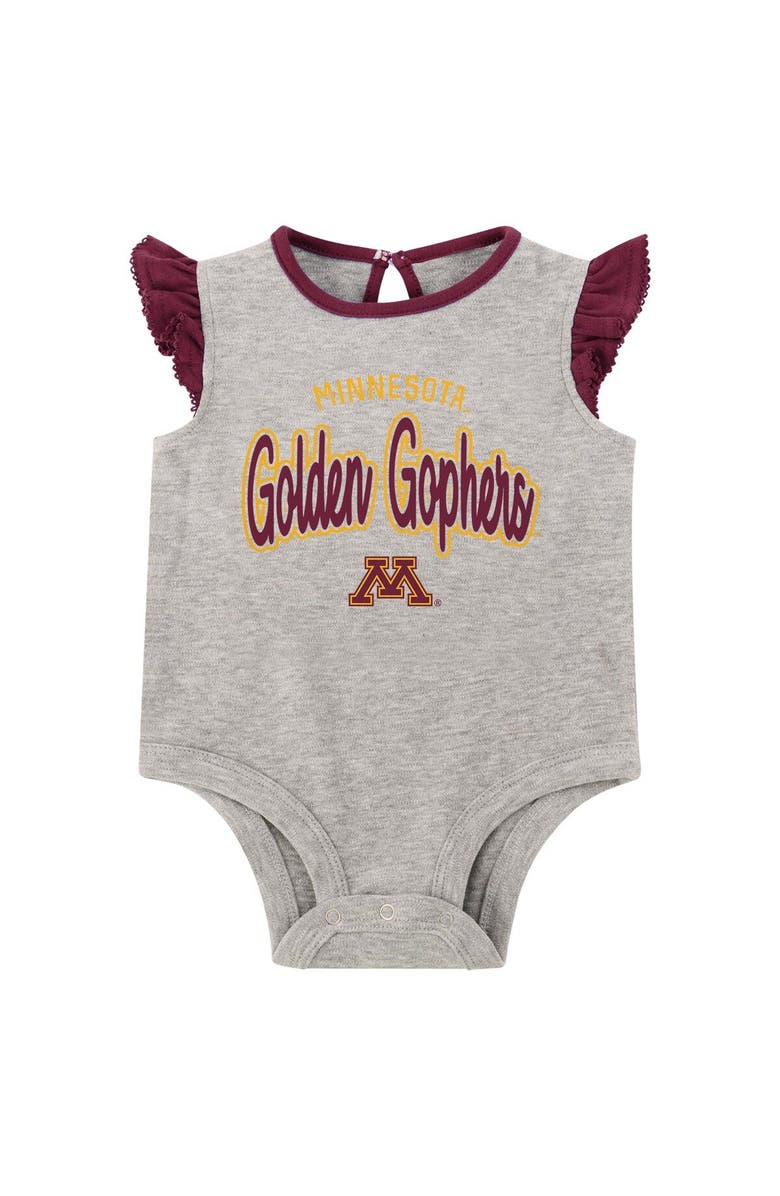 Outerstuff Girls Newborn Heather Gray Minnesota Golden Gophers All Dolled Up Bodysuit, Skirt & Bootie Set, Alternate, color, Heather Gray