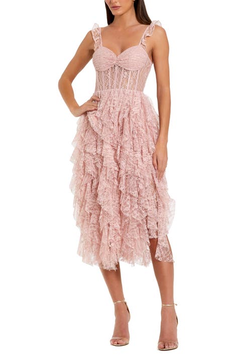 Lace Bustier Midi Dress With Spiral Ruffles