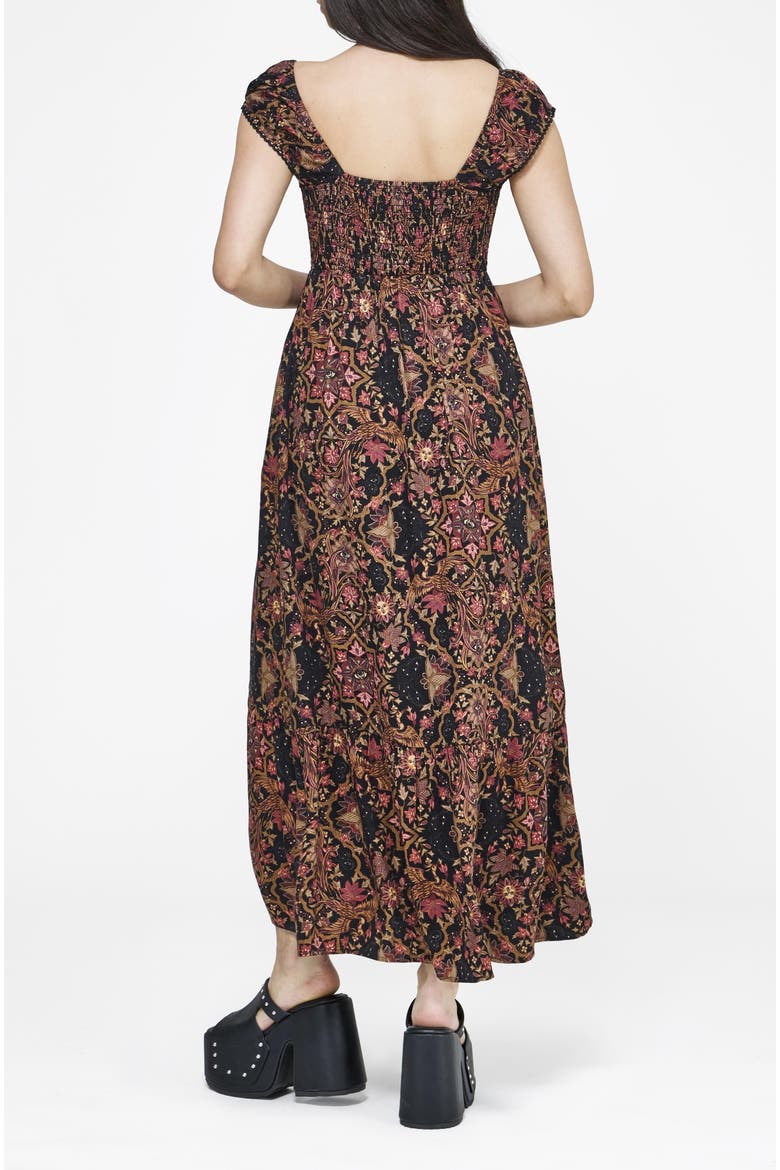 Mythos Print Milkmaid Smock Midaxi Dress, Alternate, color, Black
