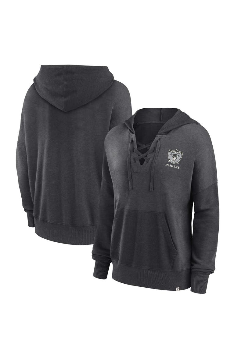 Women's Fanatics Branded Heather Charcoal Las Vegas Raiders Heritage Snow Wash French Terry Lace-Up Pullover Hoodie, Main, color, Heather Charcoal