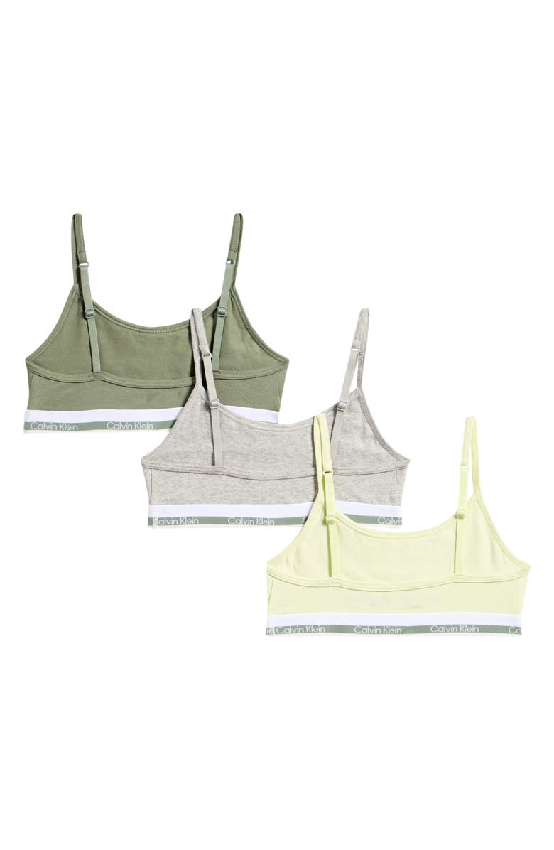 Calvin Klein Kids' Assorted 3-Pack Varsity Stretch Cotton Bralettes, Alternate, color, Jade/ Yellow/ Heather Grey