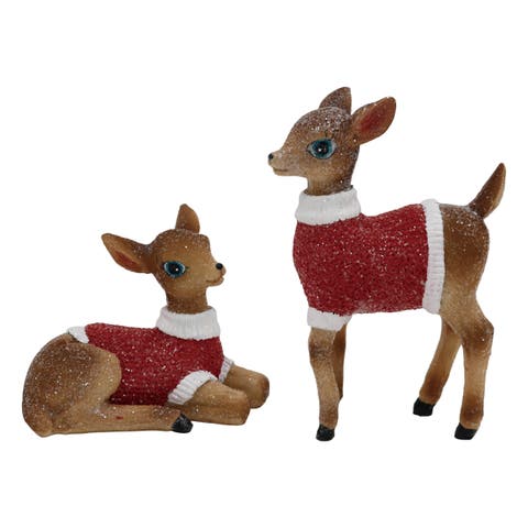Set of 2 Resin Deer Figurines in Sweaters