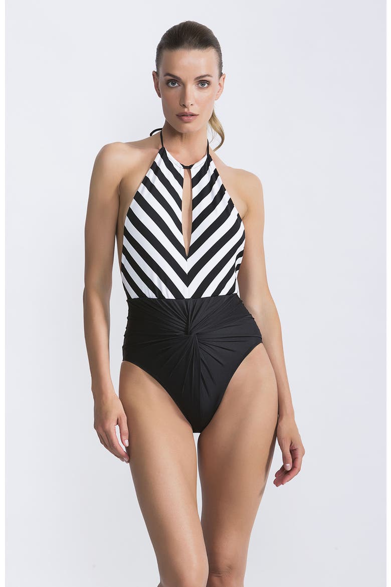 Striped Plunging Keyhole Detail Ruched High-Waist Illusion One-Piece Swimsuit, Main, color, Black-White