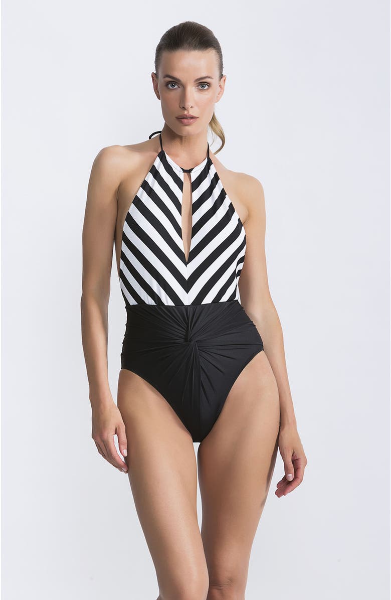 NESSI BYRD Striped Plunging Keyhole Detail Ruched High-Waist Illusion One-Piece Swimsuit, Main, color, Black-White