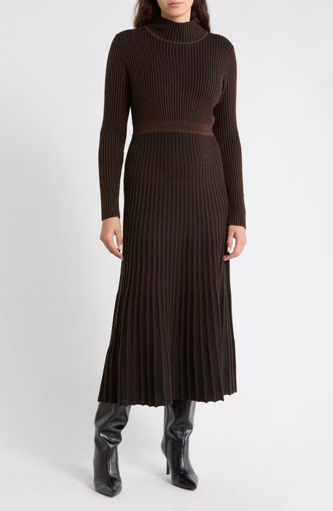 Mock Neck Long Sleeved Plaited Rib Dress